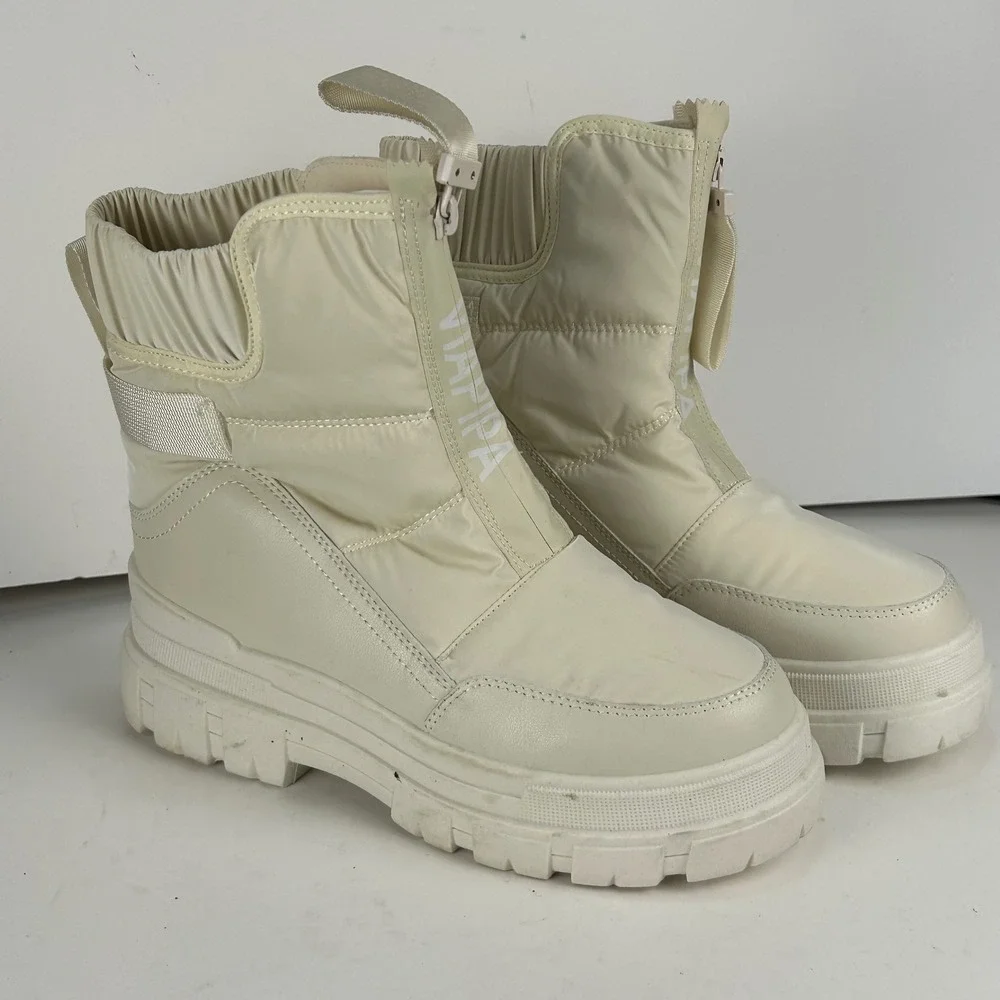 Viapipa Cream Puffer Snow Boots Faux Fur Lined Chunky Platform Lug Sole Mens 8